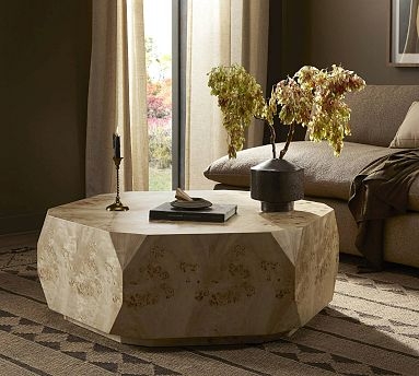 Coffee Table Burl Wood Pattern Faceted Octagonal Form