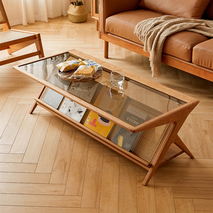 Coffee Table Cane Magazine Rack and Tawny Glass Top