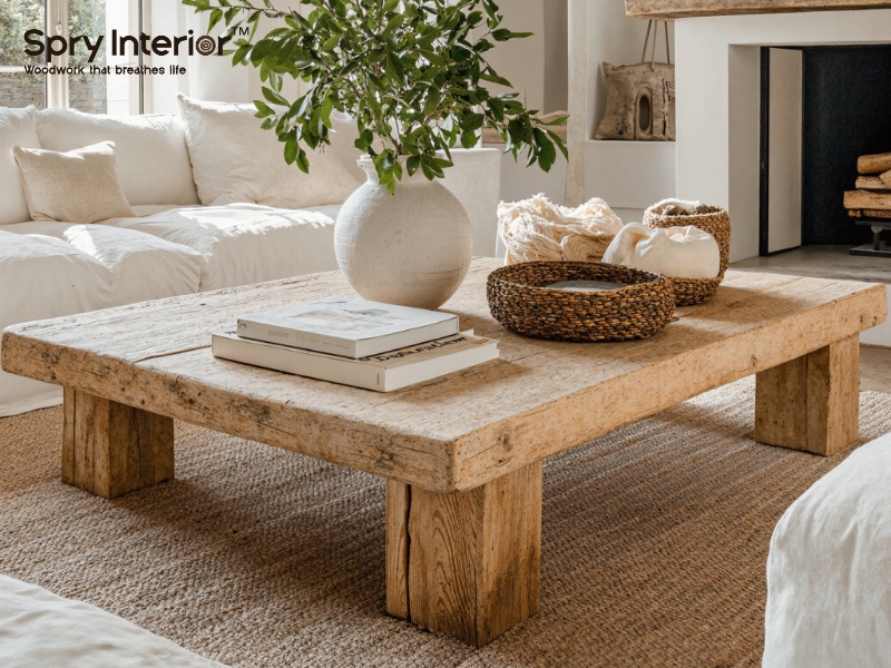 Coffee Table Chunky Block Leg Weathered Wood Finish