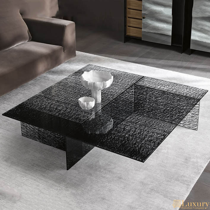 Coffee Table Cross Hatched Pattern Glass Living Table