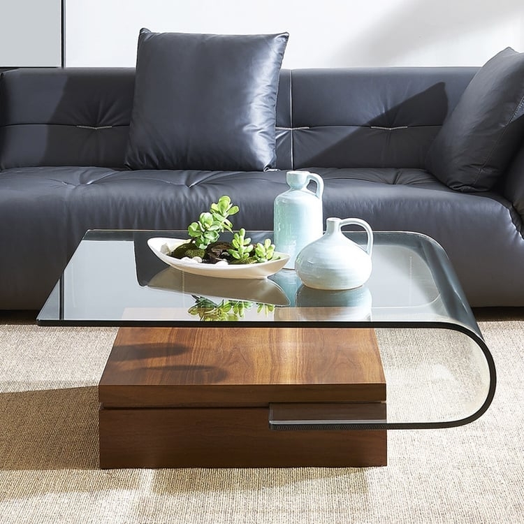Coffee Table Curved Glass Edge and Wood Toned Block