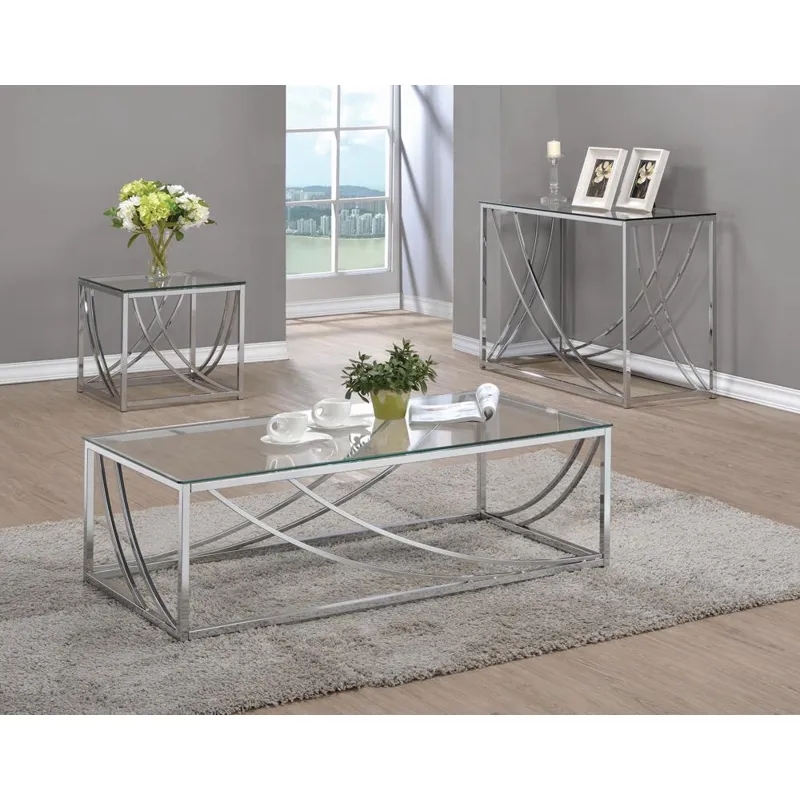 Coffee Table Curved Metal Base Polished Chrome Glass Top