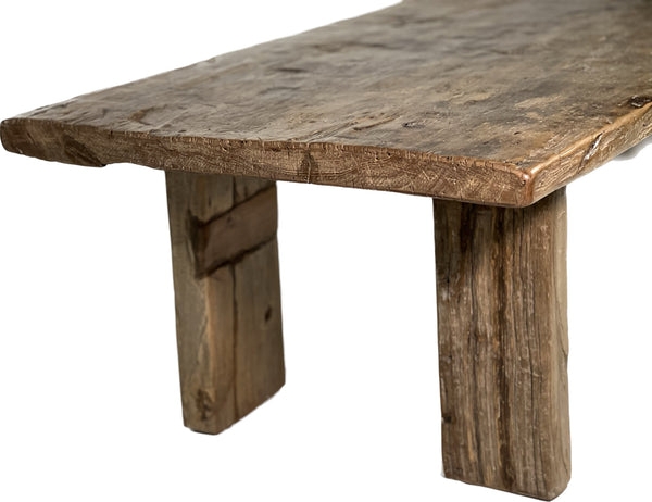 Coffee Table Distressed Thick Slab Top Narrow Design