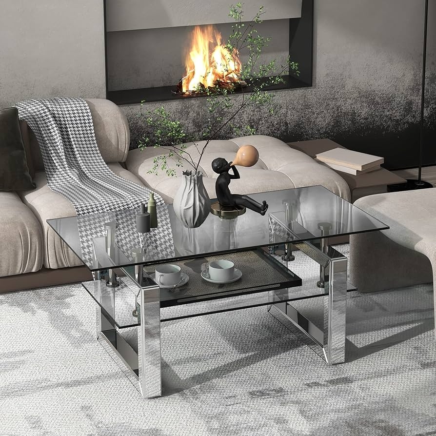 Coffee Table Double Layer Polished Chrome Metal Table