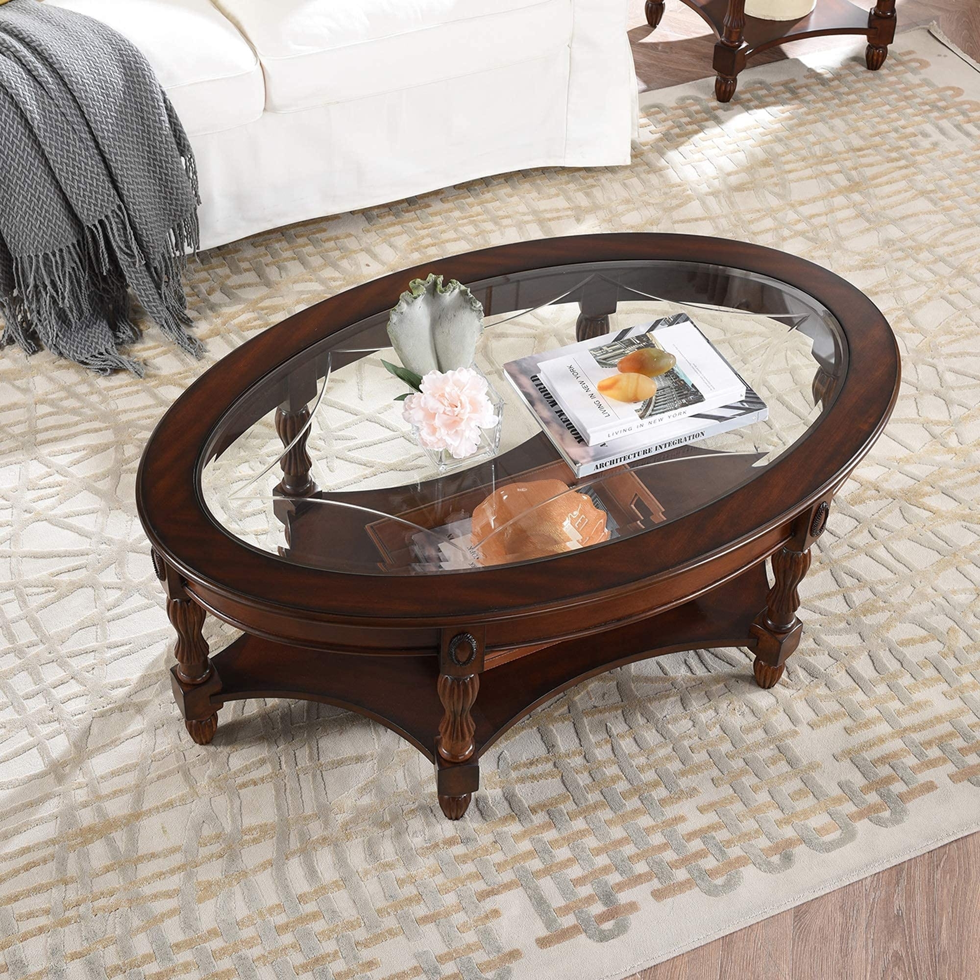 Coffee Table Etched Glass Insert and Fluted Turned Legs