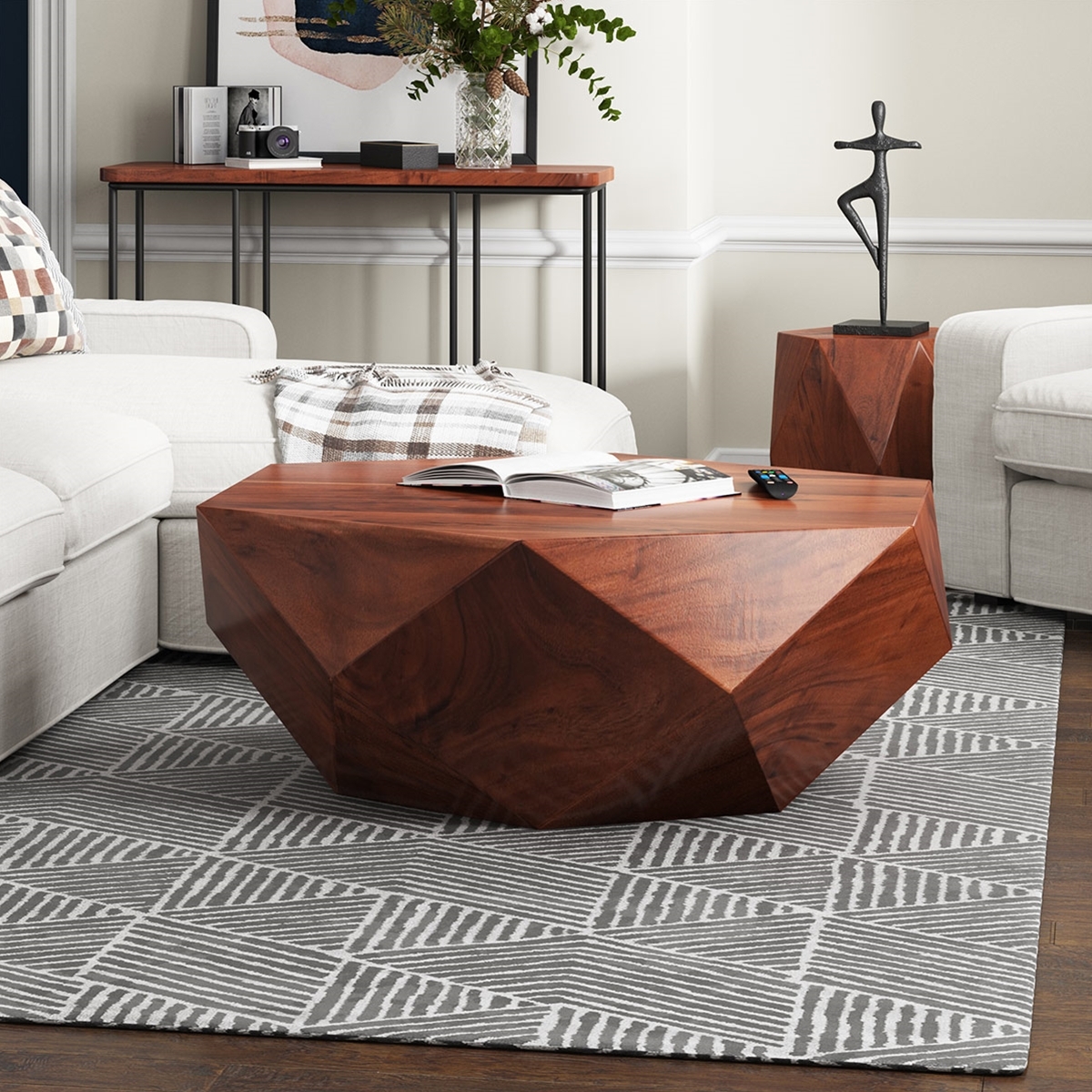 Coffee Table Faceted Drum Base Diamond Shape Wood
