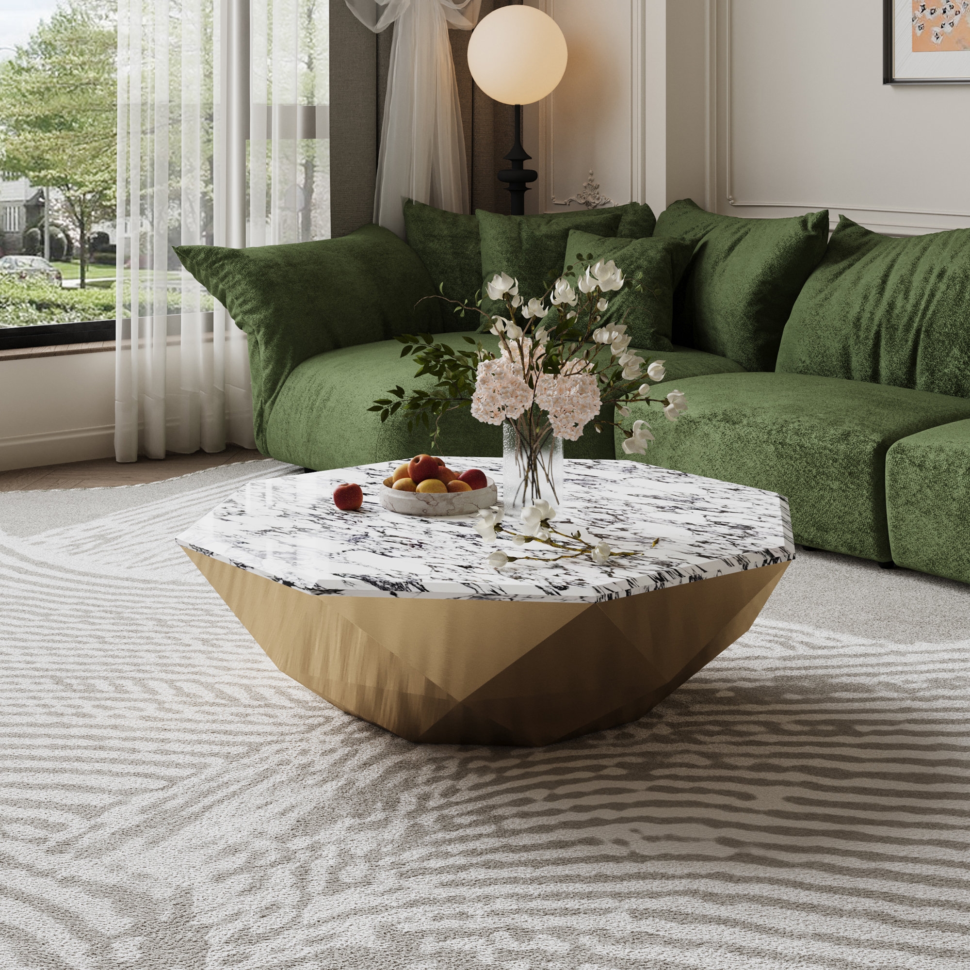 Coffee Table Faceted Gold Base Hexagonal Marble Top