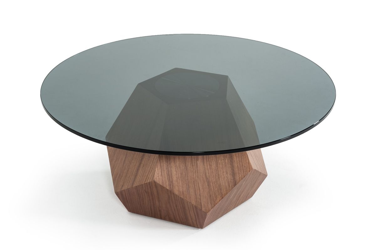 Coffee Table Faceted Pedestal Base Walnut Smoked Glass