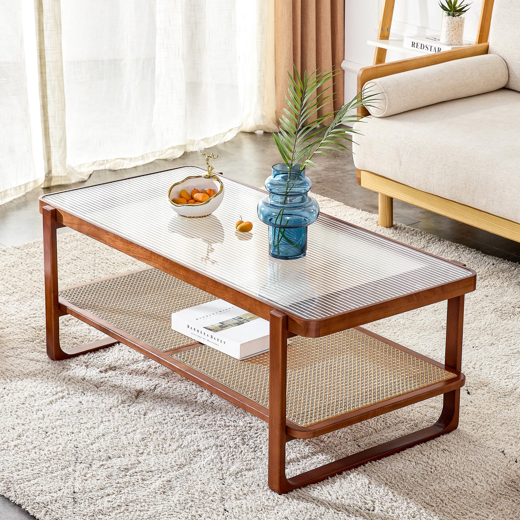 Coffee Table Fluted Glass Top and Mid-Century Rattan