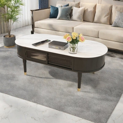 Coffee Table Fluted Storage Doors Oval Marble Top Gold Tip
