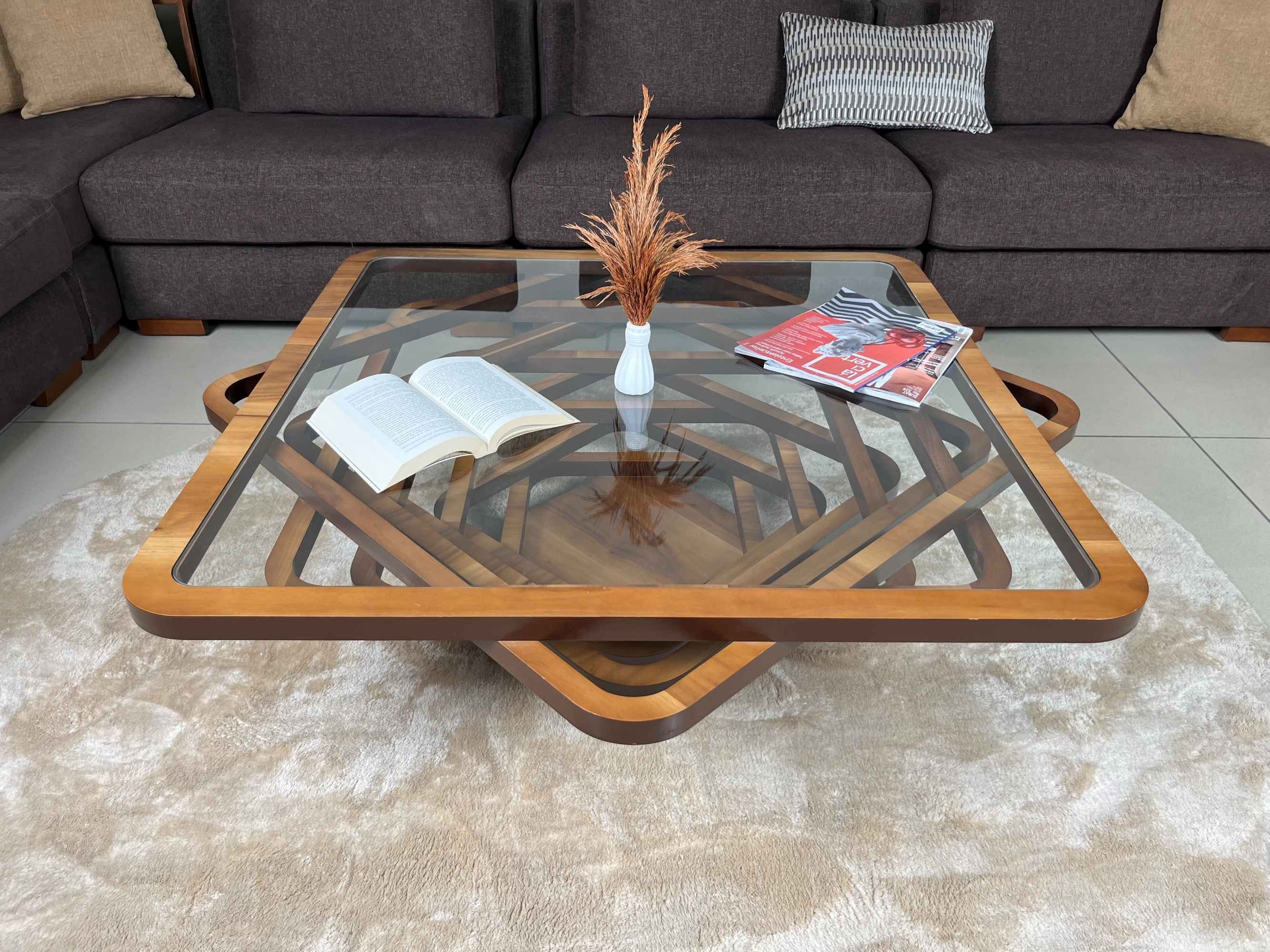 Coffee Table Geometric Base and Square Wood Glass Top