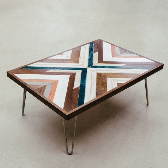 Coffee Table Geometric Inlay Teal Wood Mosaic Table