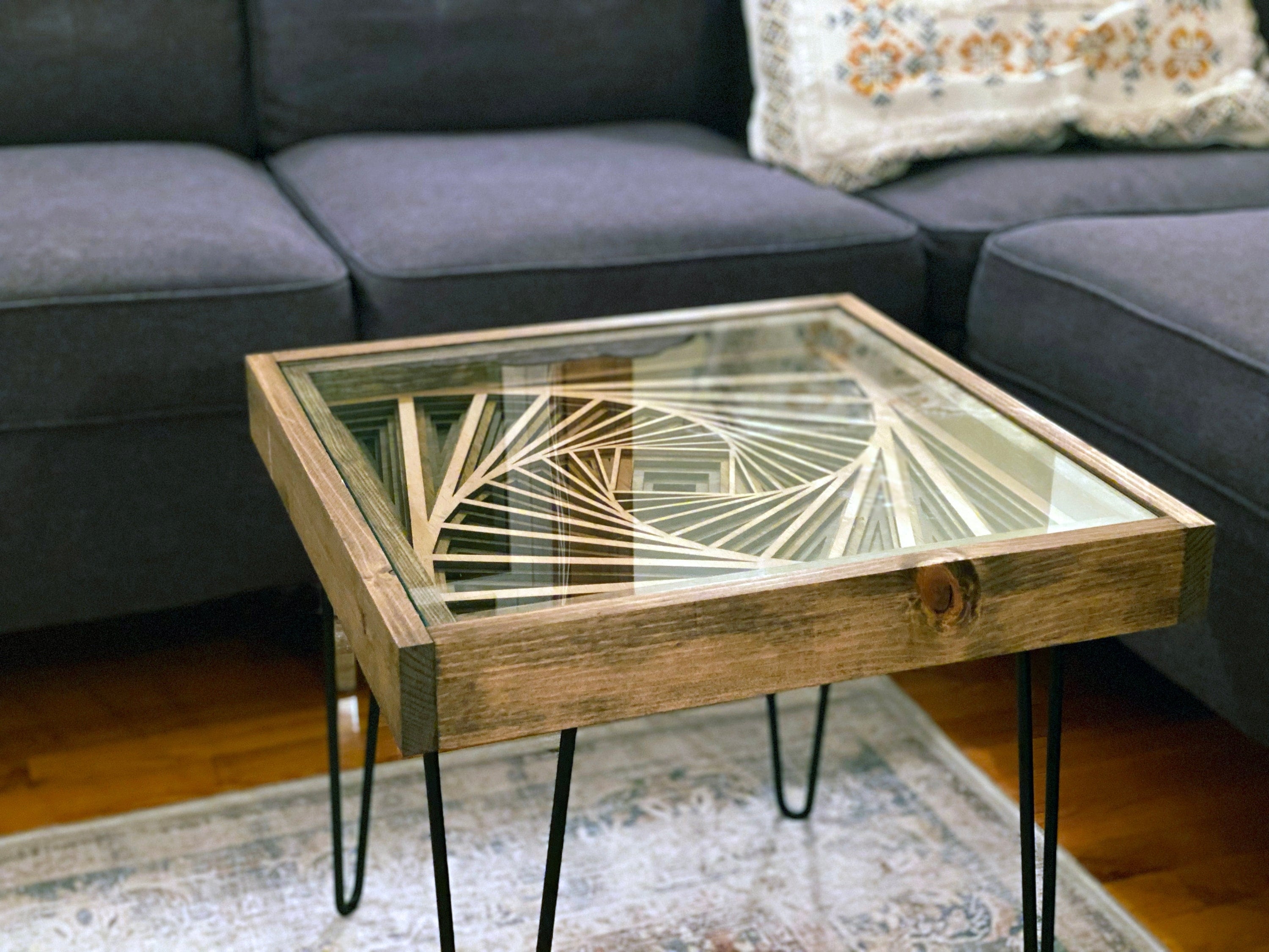 Coffee Table Geometric Vortex 3D Wood Art Glass Top