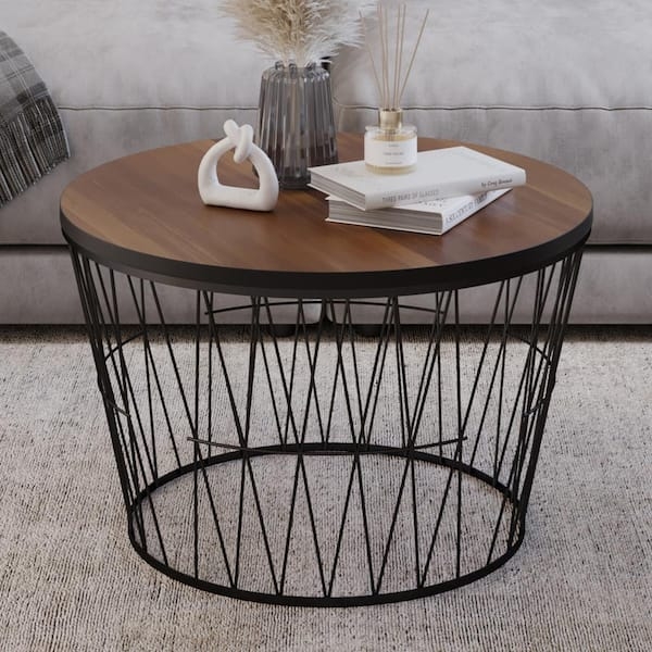 Coffee Table Geometric Wire Base Round Walnut Top