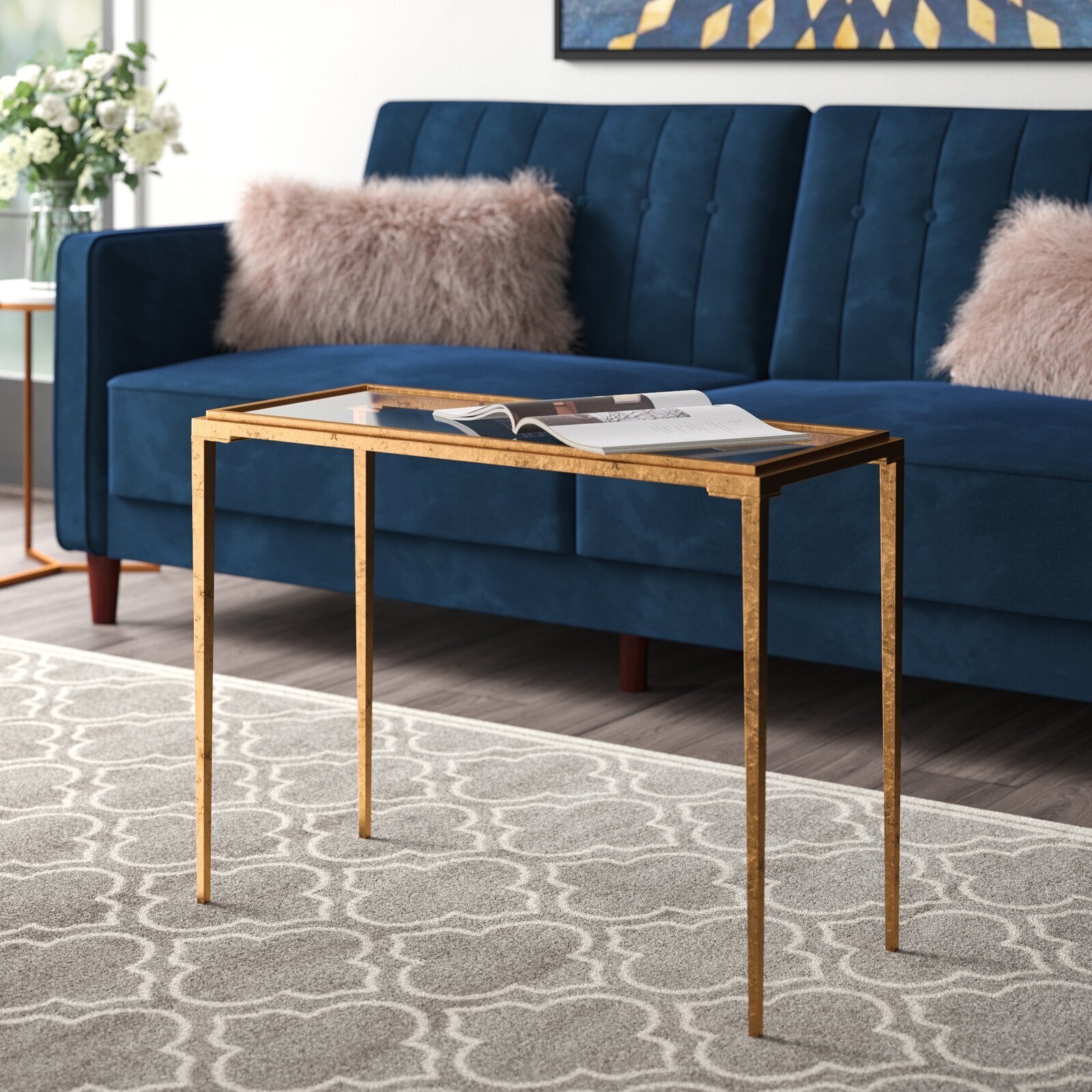 Coffee Table Gold Leaf Finish Narrow Glass Top Glam