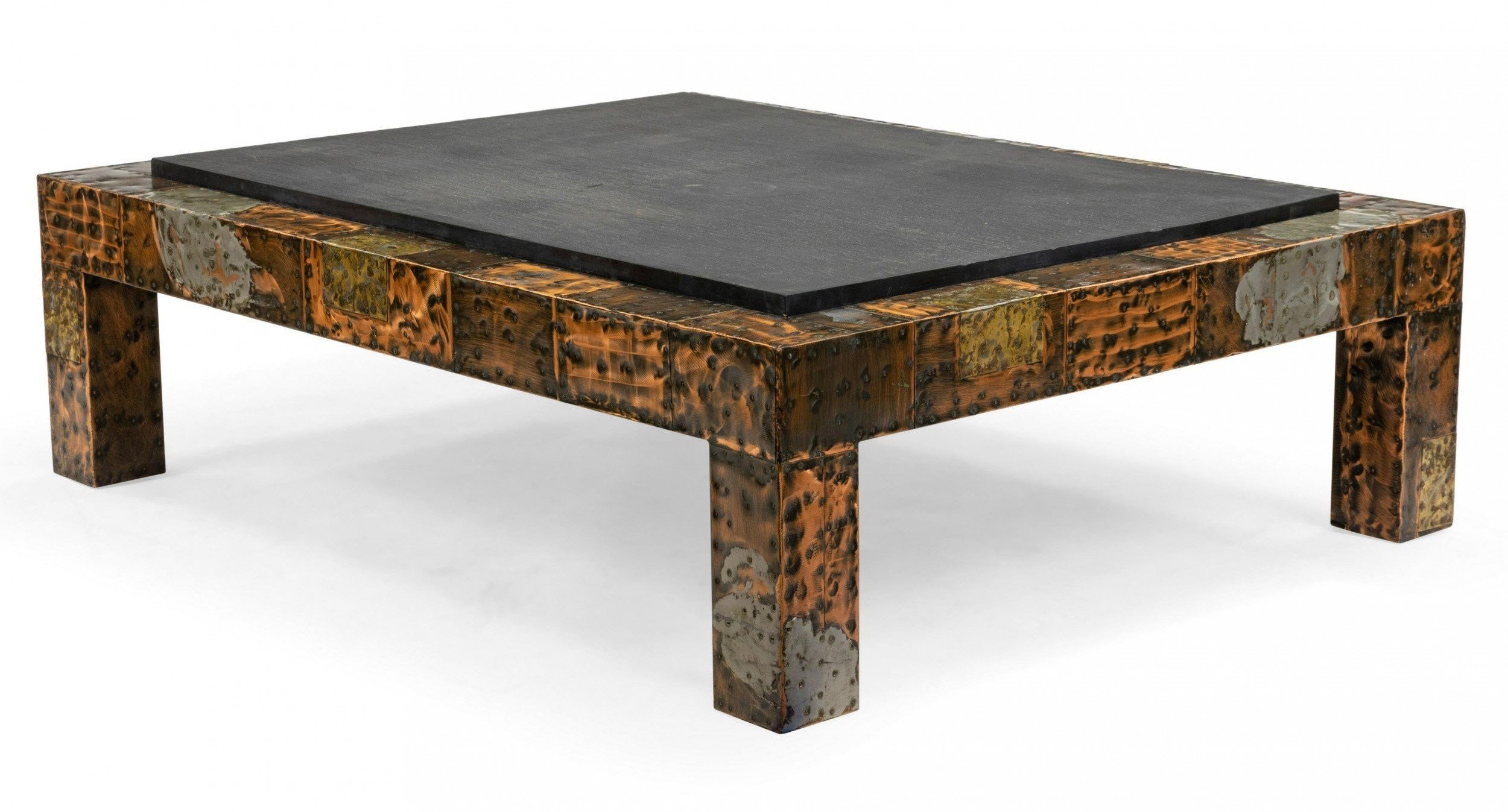 Coffee Table Hammered Patchwork Frame Brutalist Slate Top
