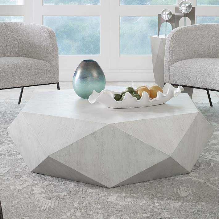 Coffee Table Hexagonal Top Whitewashed Faceted Planes