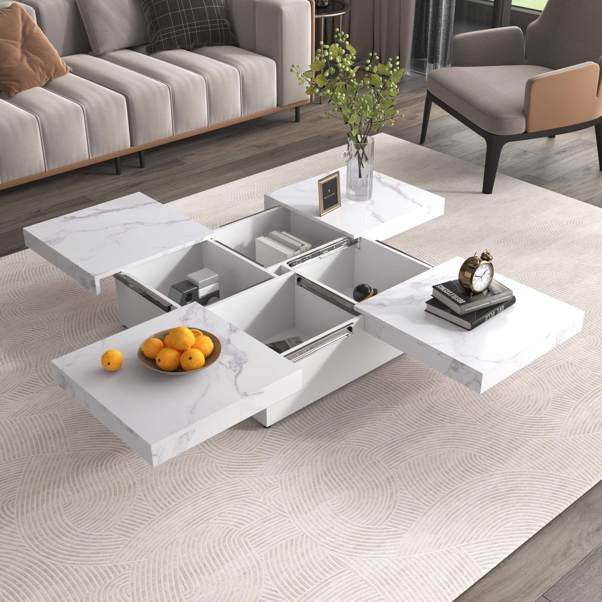 Coffee Table: Hidden Storage Marble Pattern Storage Table Sliding Top