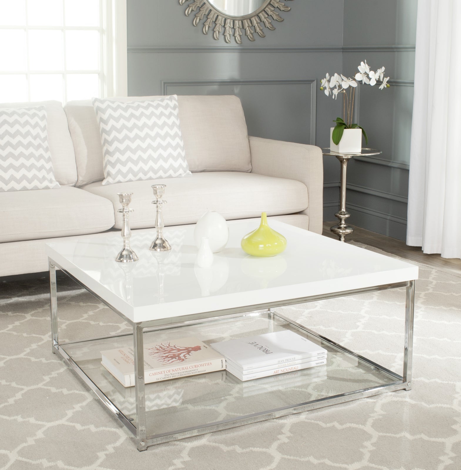 Coffee Table High Gloss White Top Chrome Frame Two Tier
