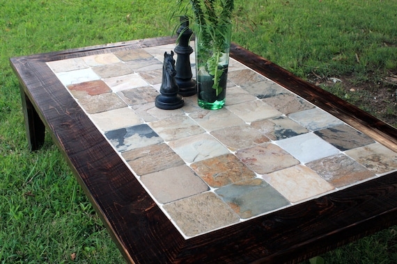 Coffee Table Inlaid Tile Top Multi Color Slate Large Rustic