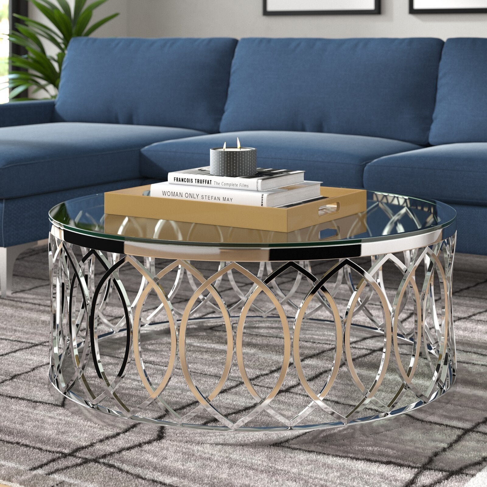 Coffee Table Interlocking Ovals Circular Glass Top Chrome