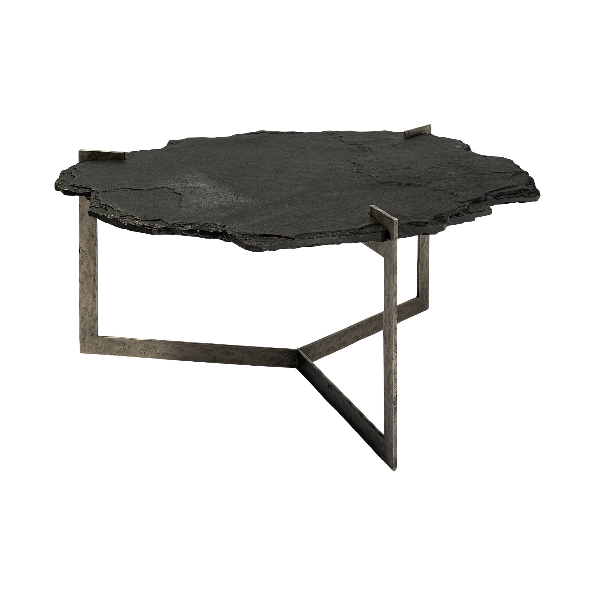 Coffee Table Irregular Stone Top Flat Iron Tripod Live Edge