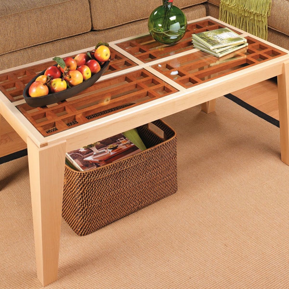 Coffee Table Lattice Grille with Glass Panel and Tapered Legs