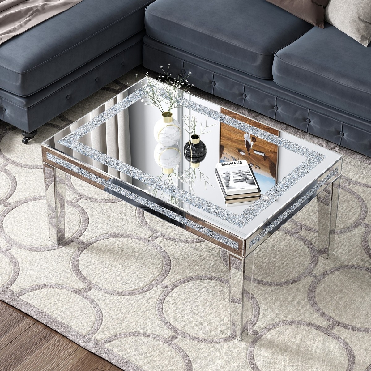 Coffee Table Mirrored with Crushed Diamond Border Inlay
