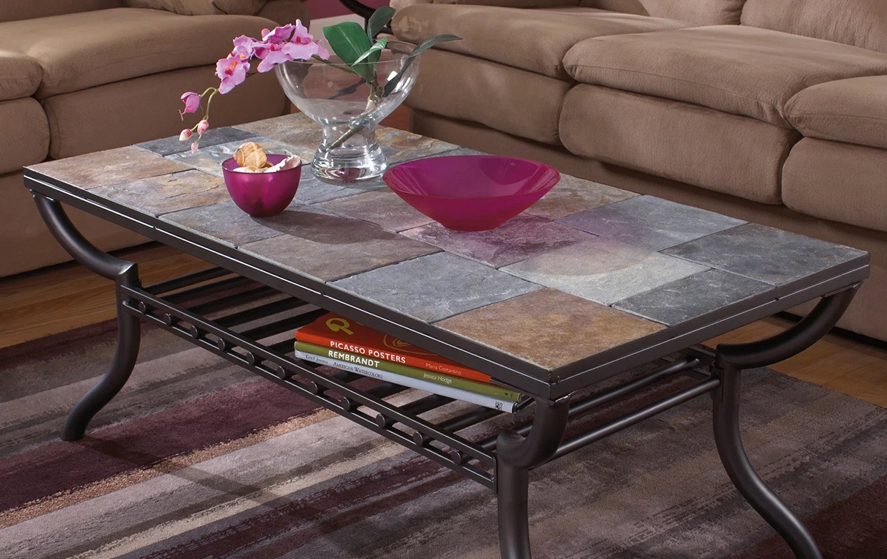 Coffee Table Multi Tone Slate Top Slatted Metal Under Shelf