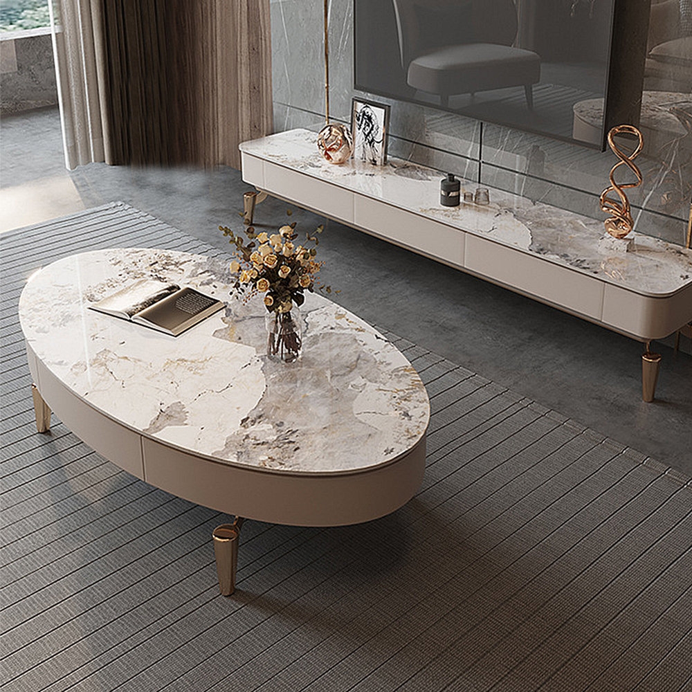 Coffee Table Oval Stone Top Gold Tapered Legs with Drawers