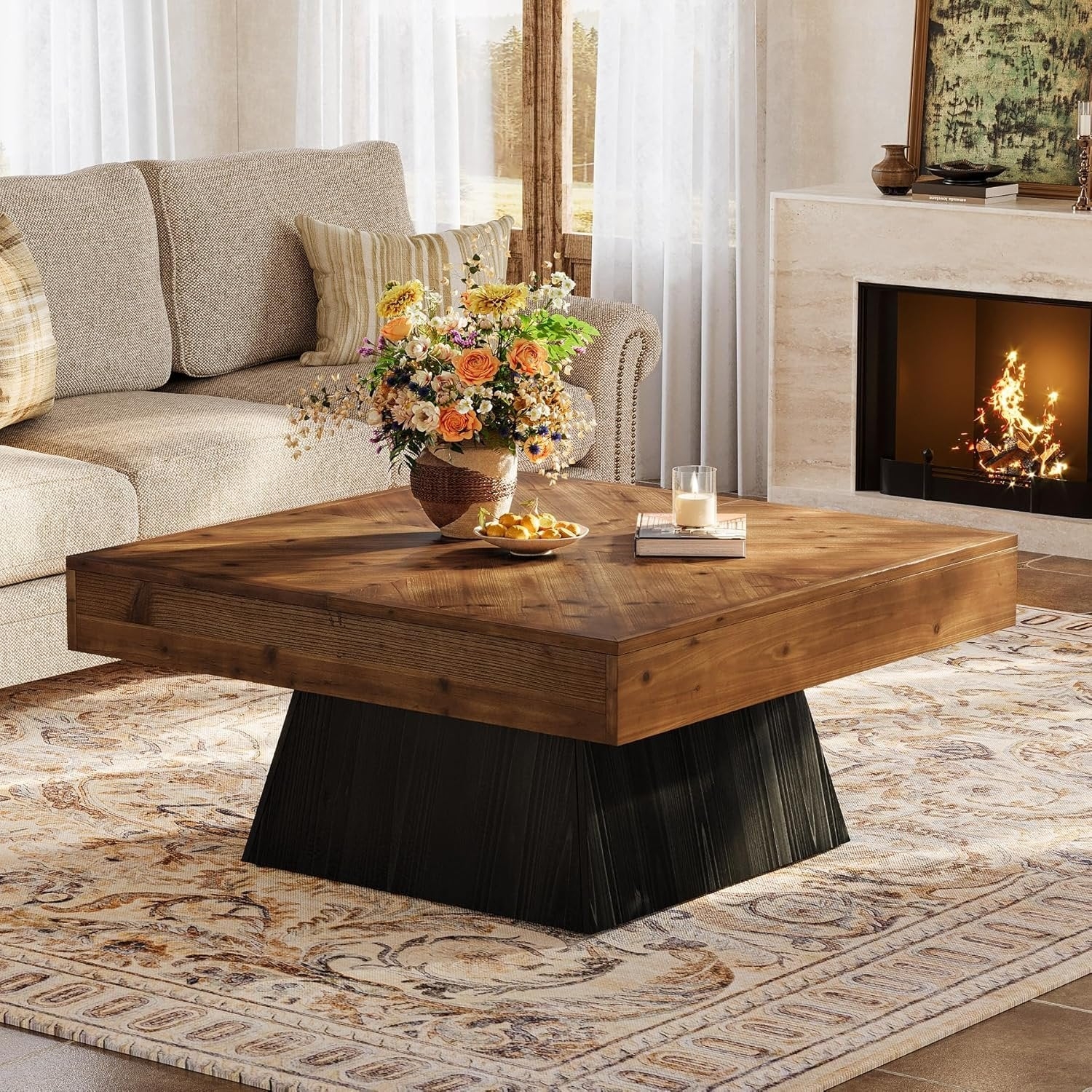 Coffee Table Parquet Pattern Thick Square Wood Pedestal