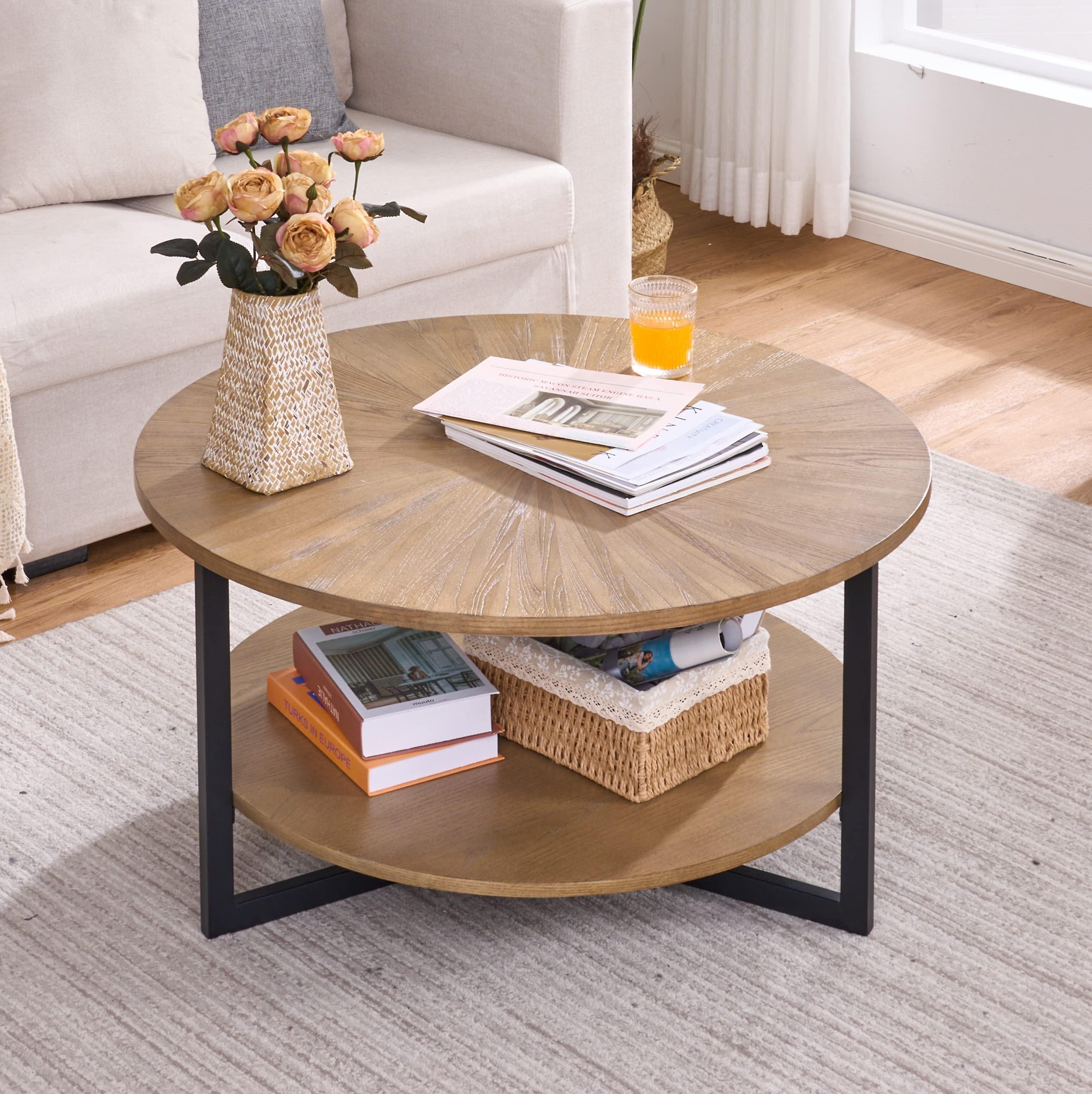 Coffee Table Radial Sunburst Grain with 2-Tier Shelf