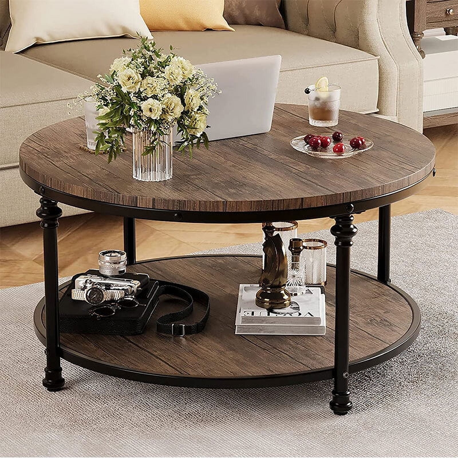 Coffee Table Rivet Accents with Two Tier Storage Shelf