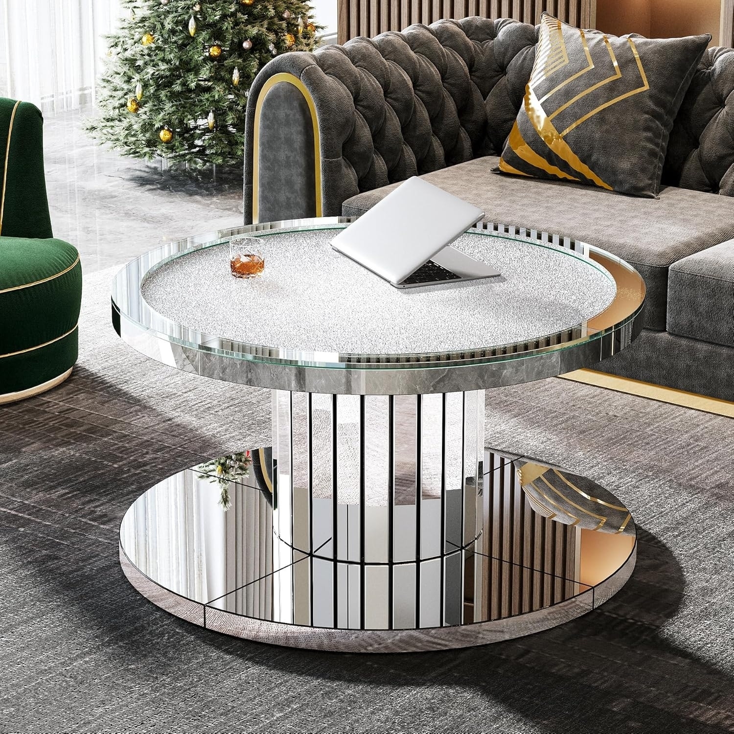 Coffee Table Round with Mirrored Slat Pedestal Base