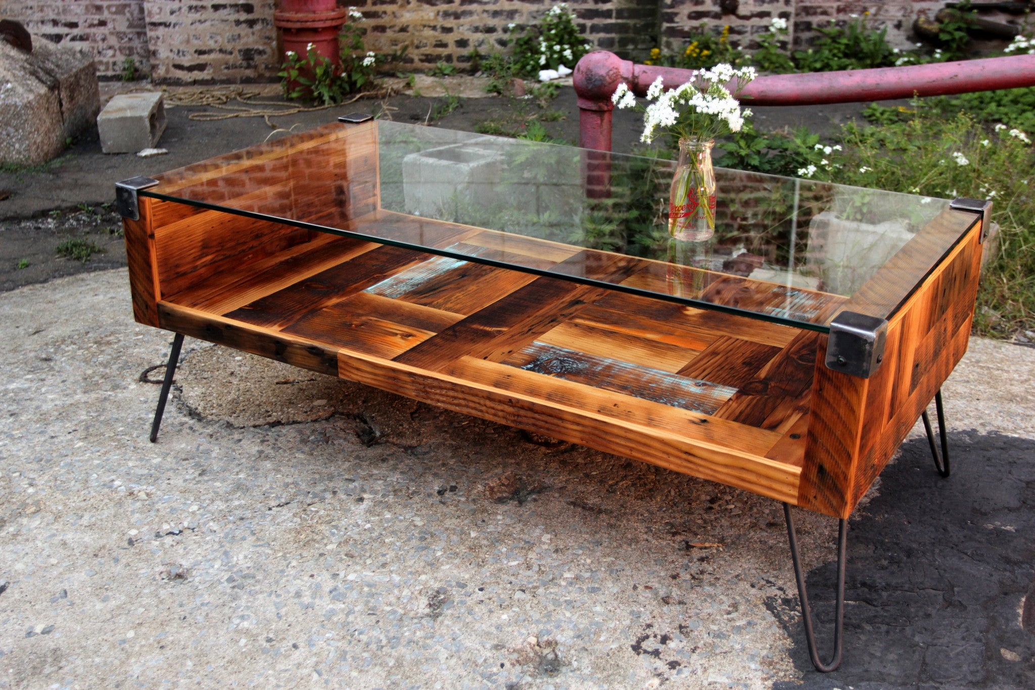 Coffee Table Salvaged Wood Patchwork with Hairpin Legs