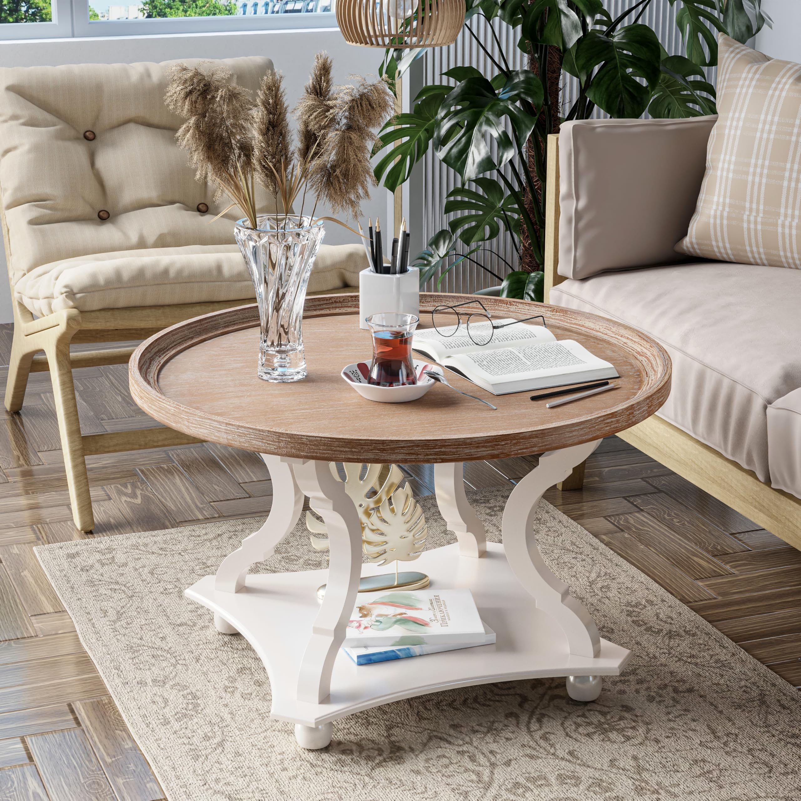 Coffee Table Scrolled Legs and Wood Tray Top Design