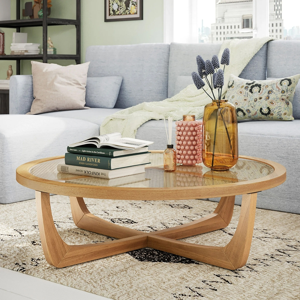 Coffee Table Sculptural Cross Base and Warm Honey Rattan