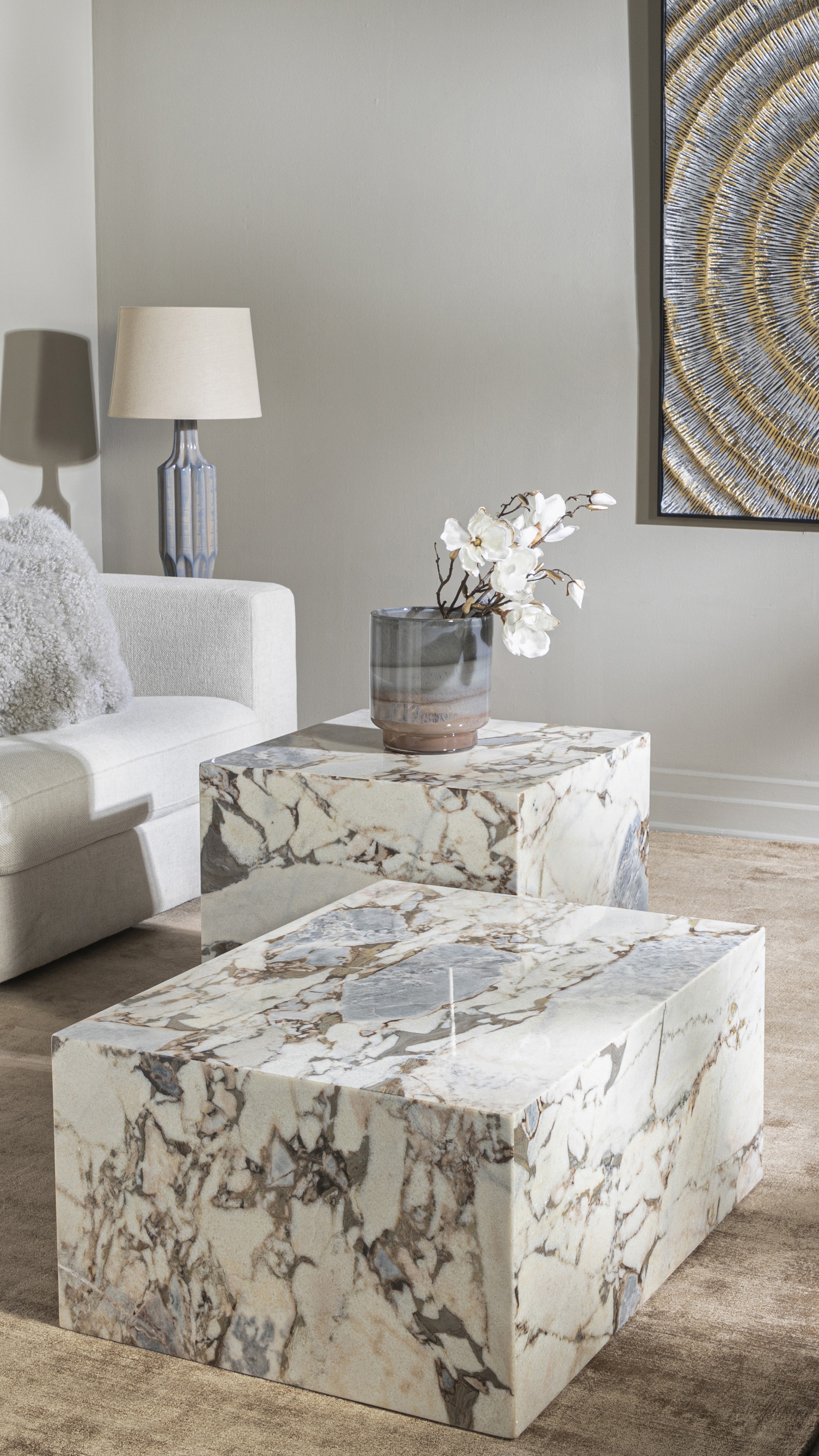 Coffee Table Set Cubic Silhouette Marble Block Furniture