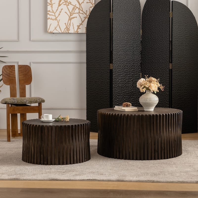 Coffee Table Set: Fluted Drum Base in Espresso Brown