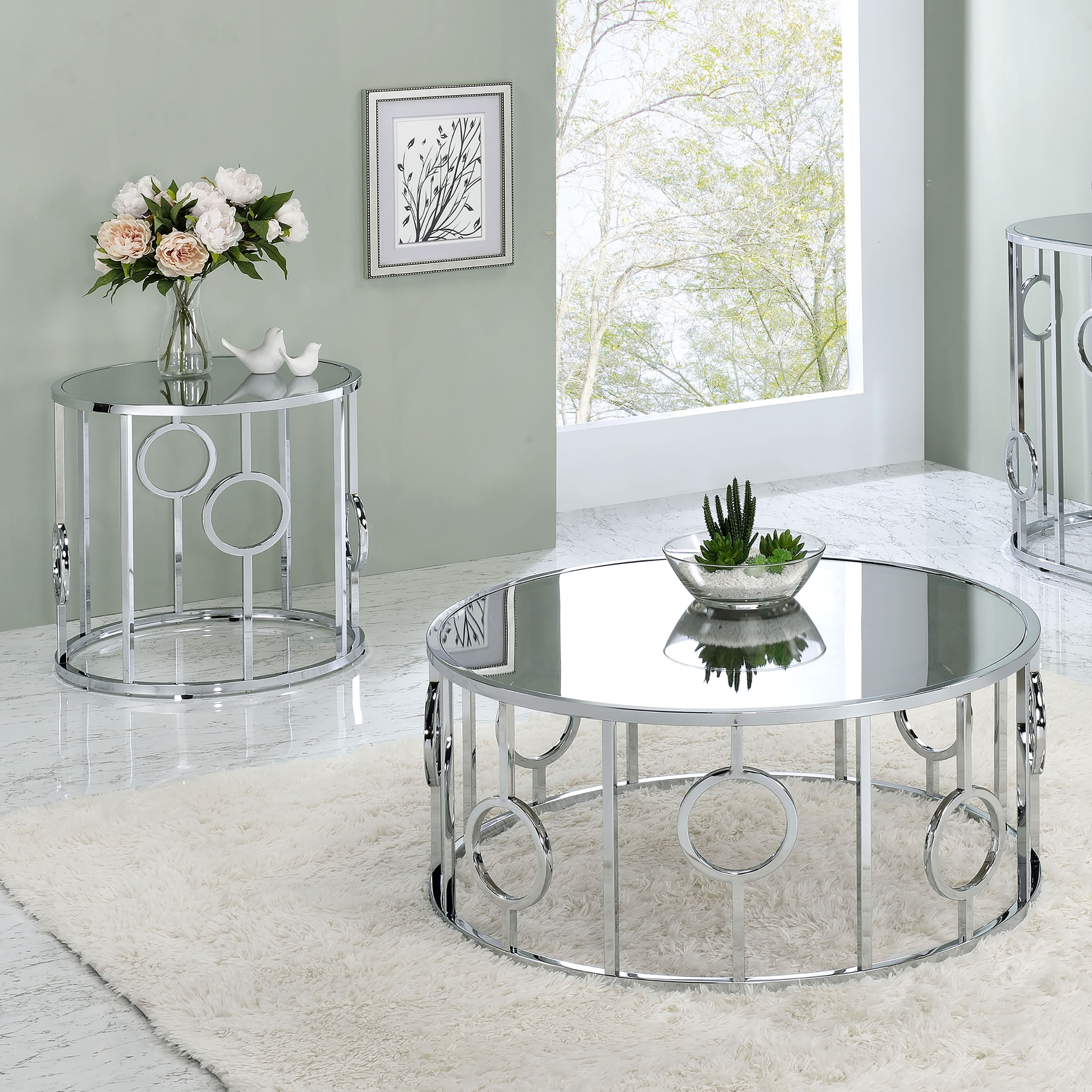 Coffee Table Set Hoop Motif Mirrored Top Chrome Finish