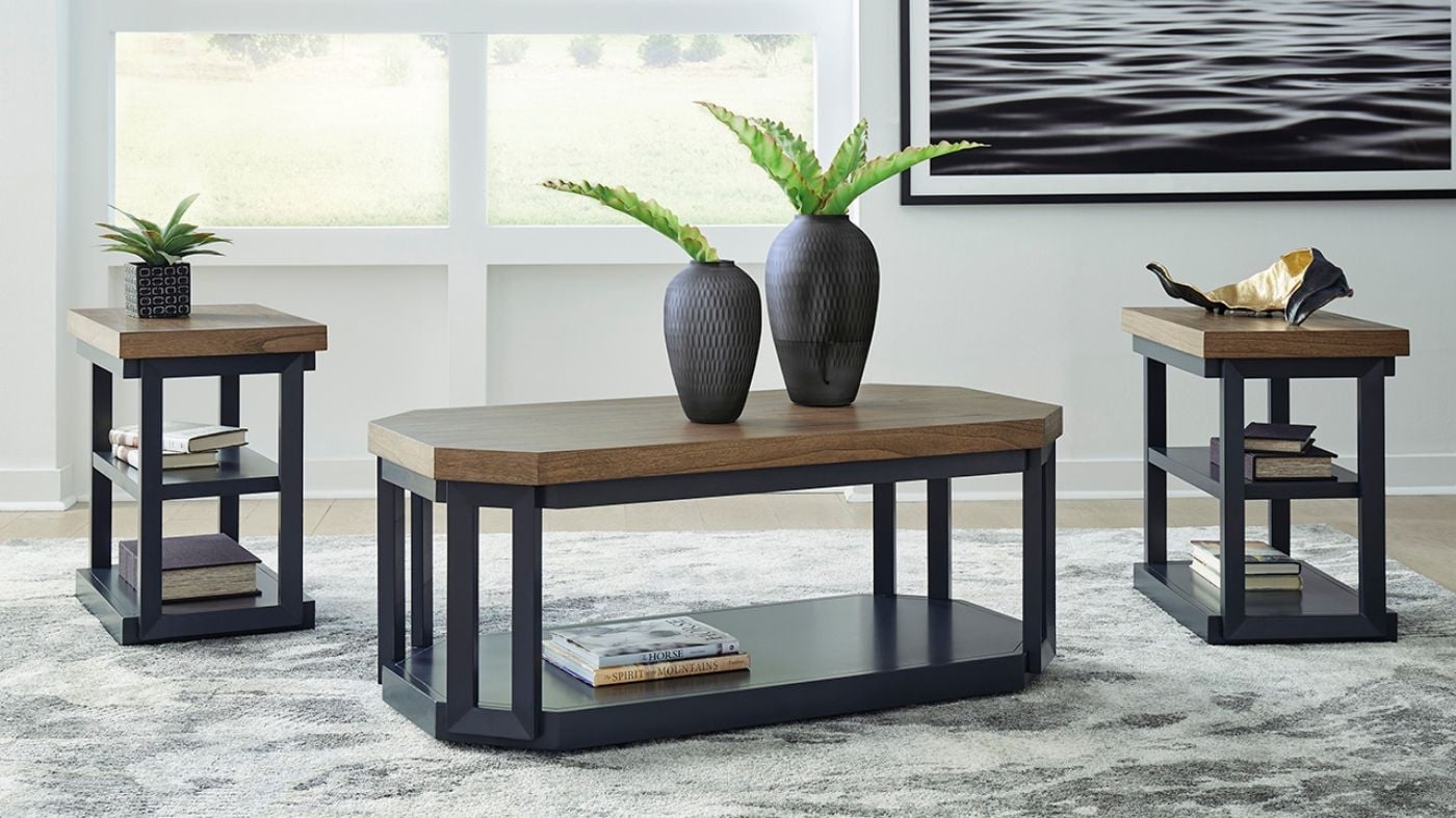 Coffee Table Set Slate Blue Finish Octagonal Wood Tops