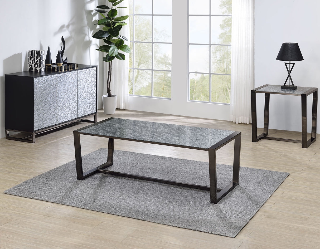 Coffee Table Set with Patterned Mirror Top and Gunmetal Frame
