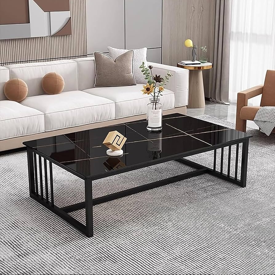 Coffee Table Slat Base with Gold Linear Veining Matte Black