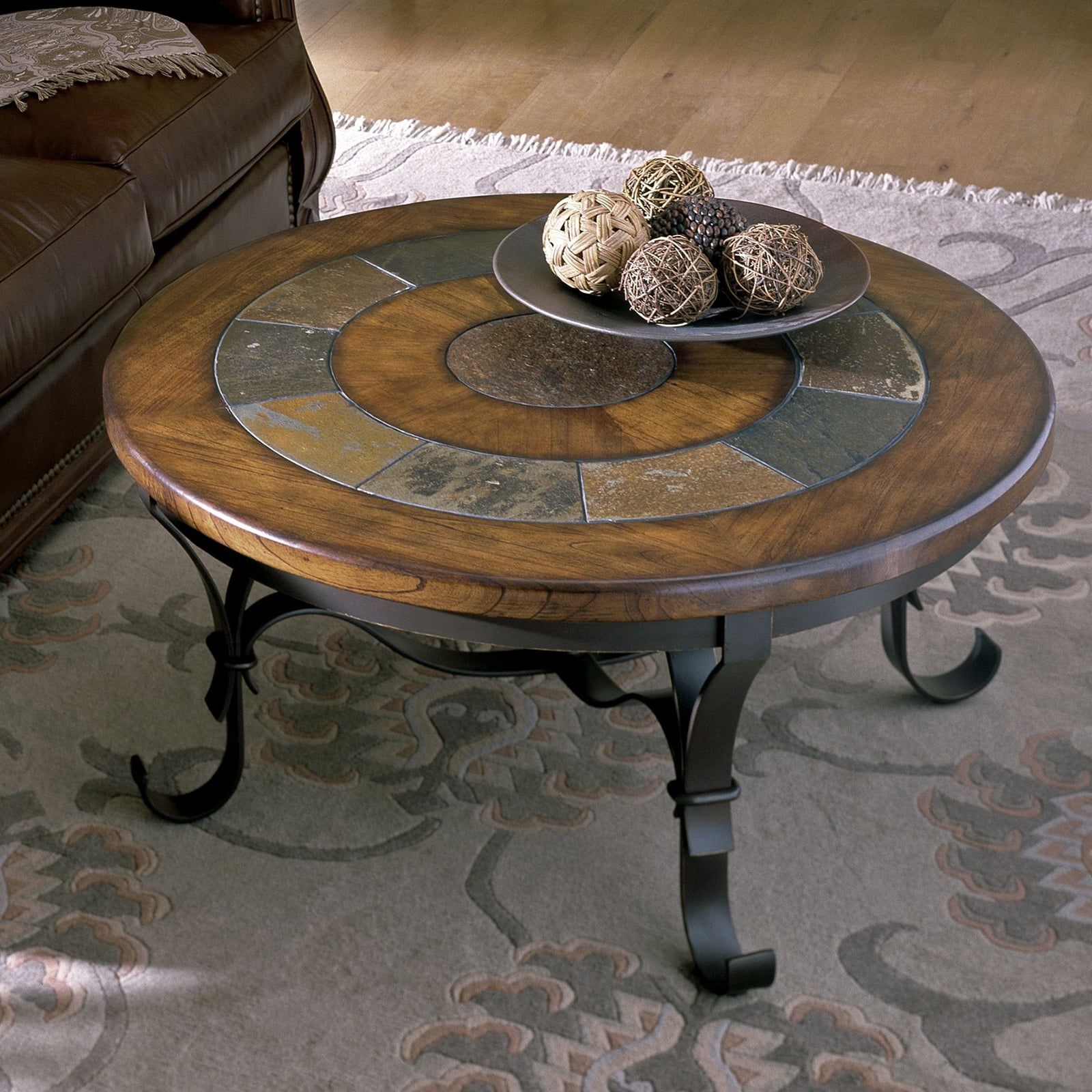 Coffee Table Slate Inlay Scrolled Metal Legs Round Stone