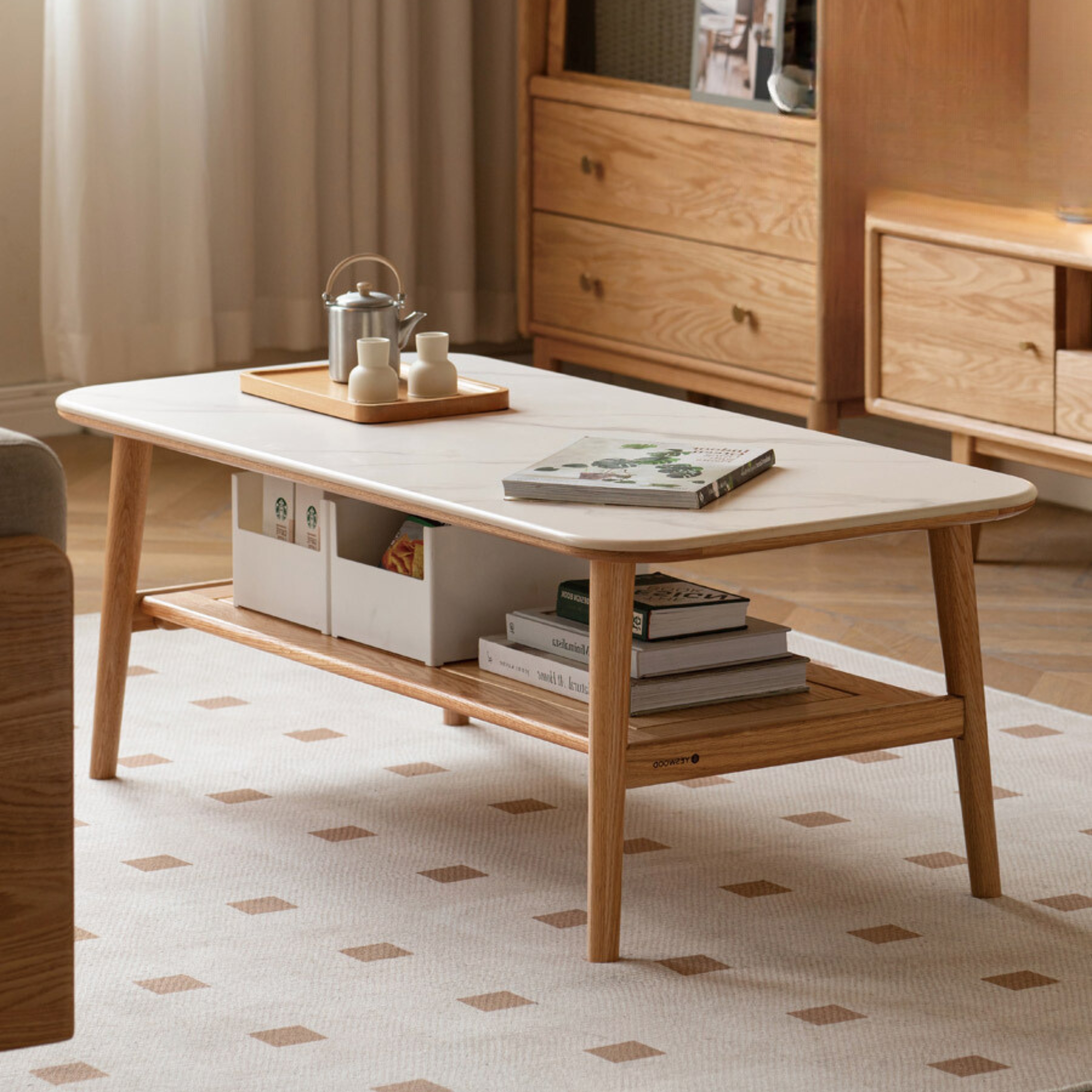 Coffee Table Slate Top Tapered Legs Integrated Shelf Japandi