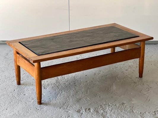 Coffee Table Slate Tray Inlay Oak Wood with Tapered Legs