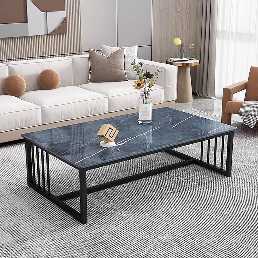 Coffee Table Slatted Sides Marbled Pattern Glossy Black