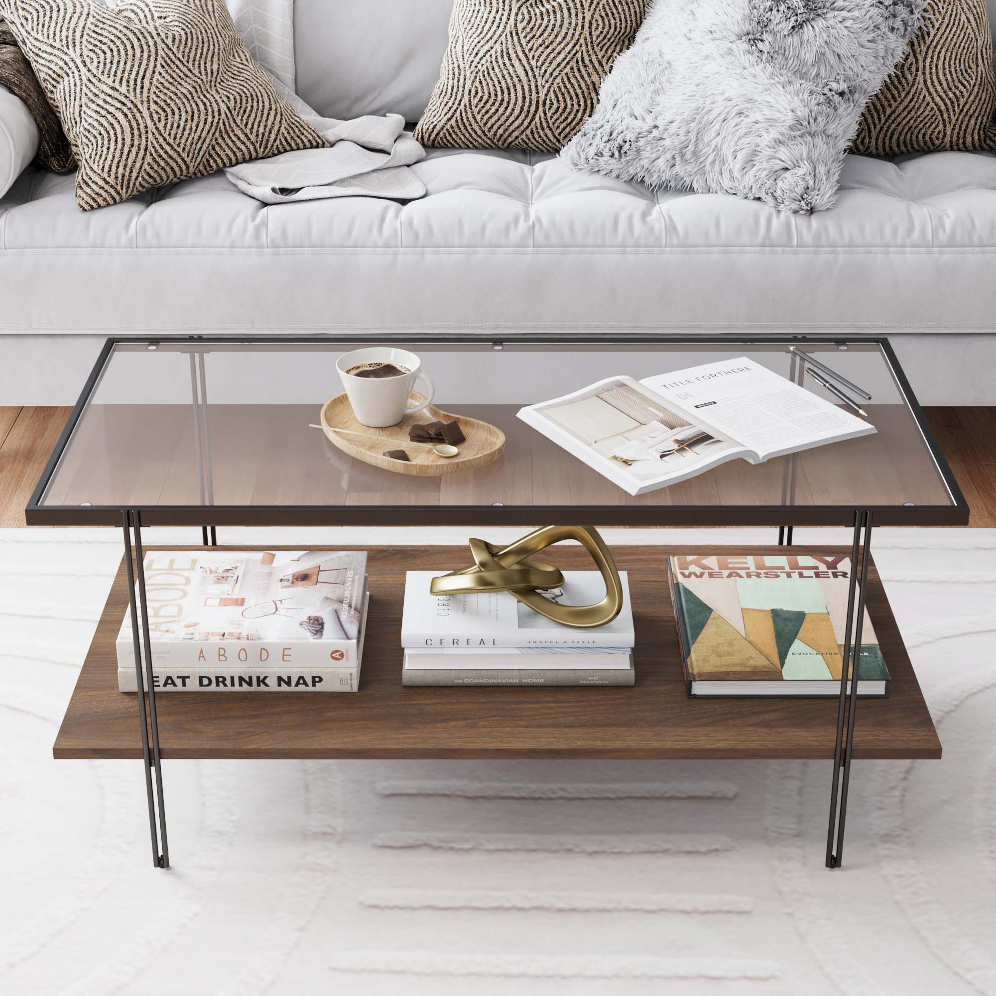 Coffee Table Slender Metal Frame and Walnut Wood Shelf