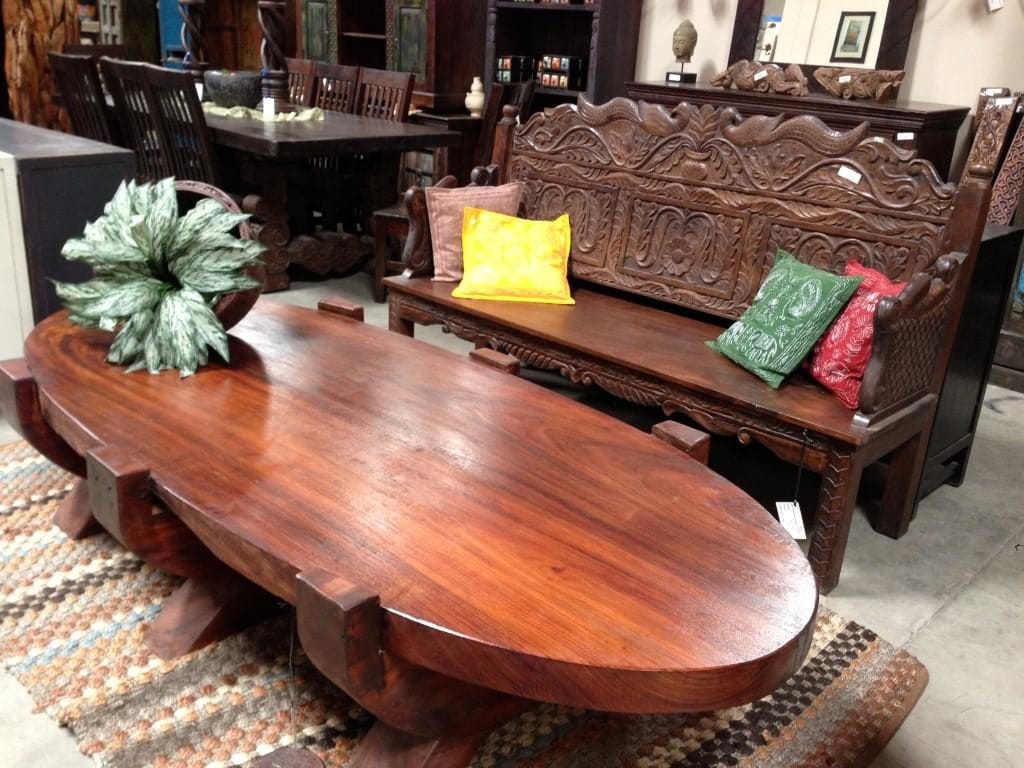 Coffee Table Thick Wood Slab Carved Motifs Bali Decor