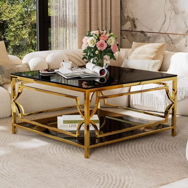 Coffee Table Tiered Design Black Glass Geometric Frame